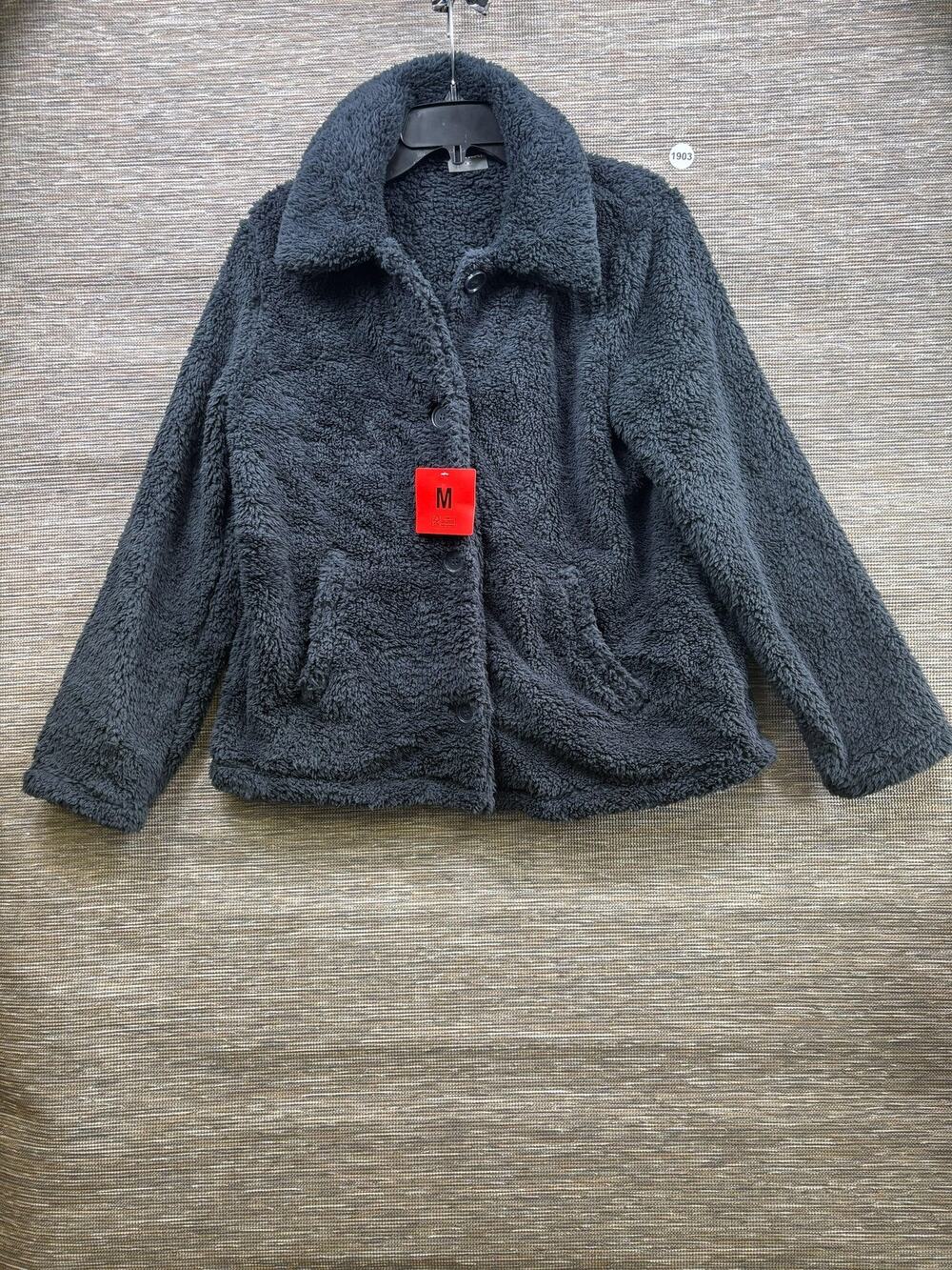32 Heat Jacket Womens Medium Gray Faux Fur Fleece Button Front Pockets Collared